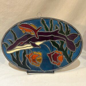 VTG Stained Glass Lead Oval Window Decoration Whale Fish Ocean Nautic 11.5" x 8"